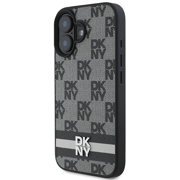 DKNY iPhone 16 - Checkered Pattern and Printed Stripes - Σκληρή Θήκη με Επένδυση Συνθετικού Δέρματος - Black