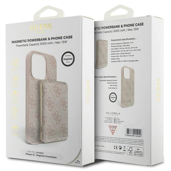 Guess iPhone 15 - 4G Metal Logo Σετ MagSafe Σκληρή Θήκη με Επένδυση Συνθετικού Δέρματος και Powerbank 5000mAh - Pink - GUBPM5P15S4GEMGP
