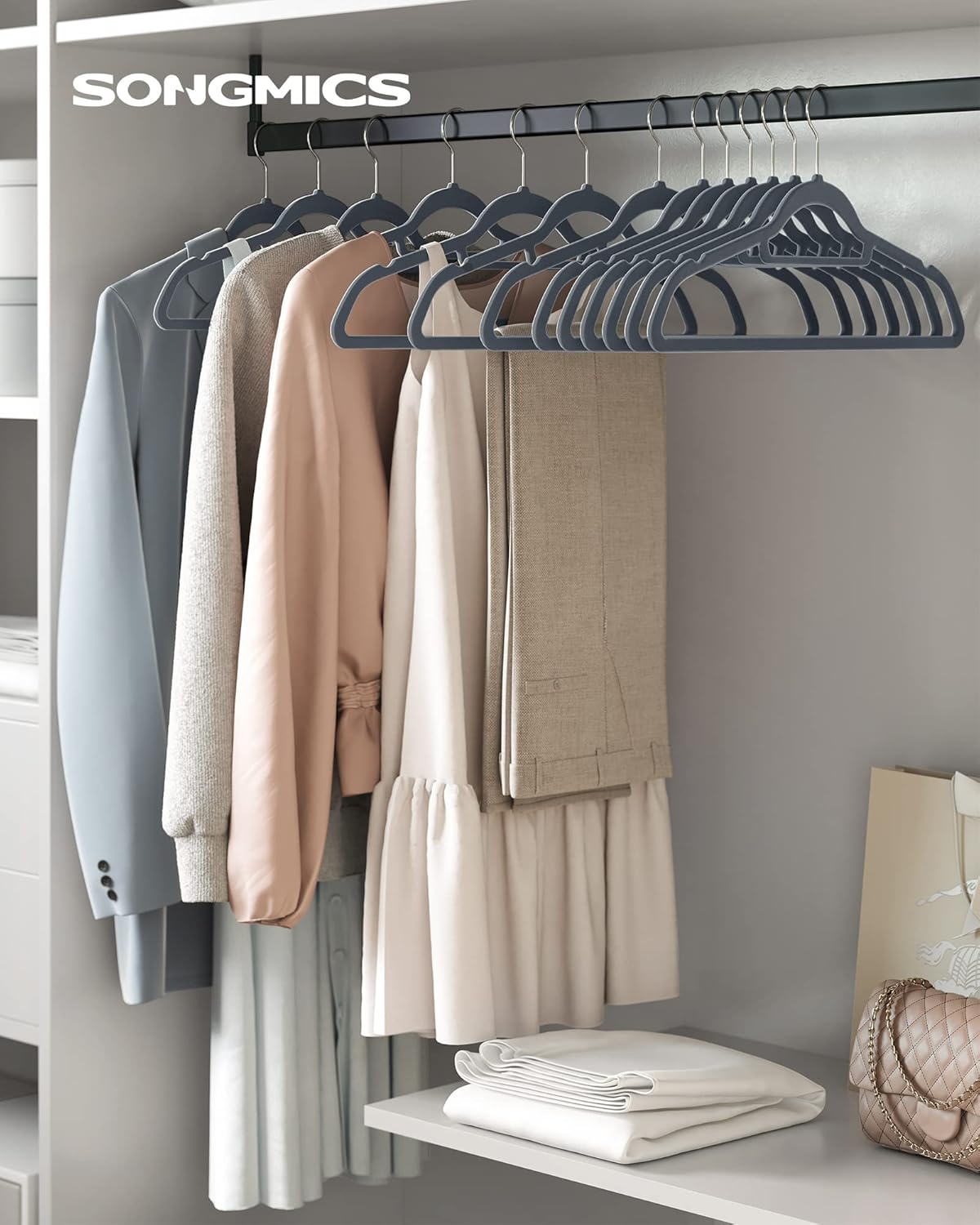 Songmics Σετ με 20 Βελούδινες Κρεμάστρες για Κοστούμι με Οργανωτή Γραβάτας - Light Grey - CRF20VX