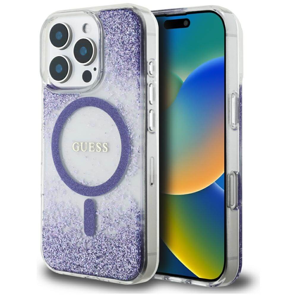 Guess iPhone 16 Pro - HC Resin Bottom Glitter - MagSafe Σκληρή Θήκη με Πλαίσιο Σιλικόνης - Purple - GUHMP16LRGRGEU