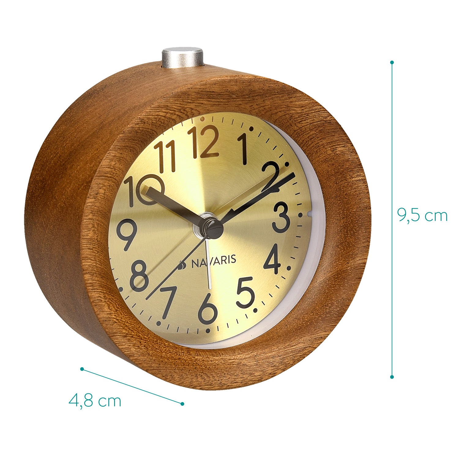 Navaris Analogue Wood Alarm Clock Design Round - Αναλογικό Επιτραπέζιο Ρολόι και Ξυπνητήρι - Gold / Dark Brown - 45470.18