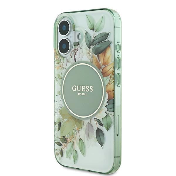 Guess iPhone 16 - IML Flower and Tonal Circle - MagSafe Σκληρή Θήκη με Πλαίσιο Σιλικόνης - Green - GUHMP16SHFWBDCEN