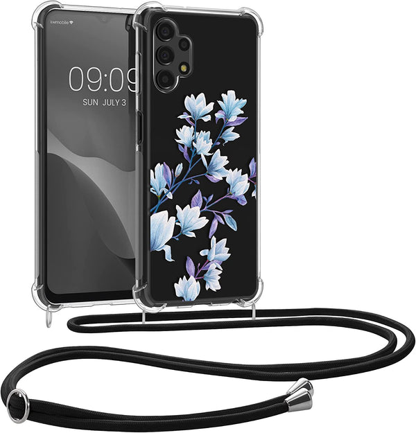 KW Samsung Galaxy A13 4G Θήκη Σιλικόνης TPU με Λουράκι Design Magnolias - Blue / Violet - Διάφανη - 58232.07