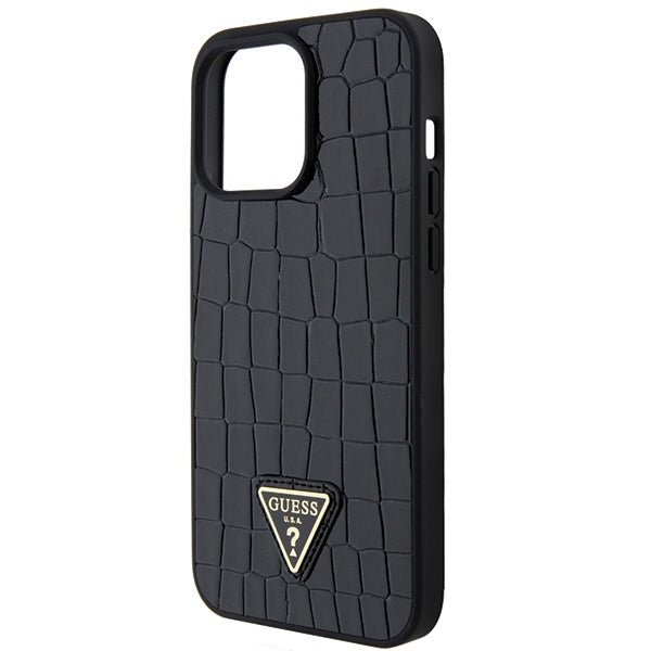 Guess iPhone 15 Pro Max Croco Triangle Metal Logo Θήκη με Επένδυση Συνθετικού Δέρματος και Πλαίσιο Σιλικόνης - Black - GUHCP15XPCRTHCK