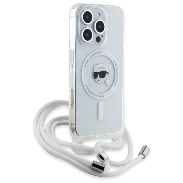 Karl Lagerfeld iPhone 16 Pro Max - Crossbody IML Karl Head - MagSafe Σκληρή Θήκη με Πλαίσιο Σιλικόνης και Λουράκι - Διάφανη - KLHMP16XHCKHNT