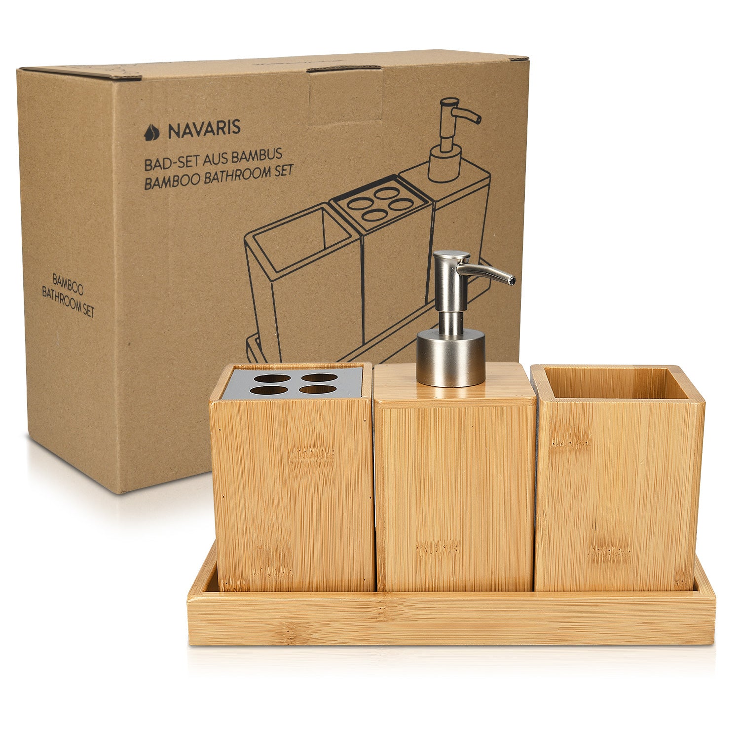 Navaris Bamboo Bathroom Accessories Ξύλινο Αξεσουάρ Μπάνιου Σετ 4 τεμαχίων από Bamboo - Natural Wood - 50084.04