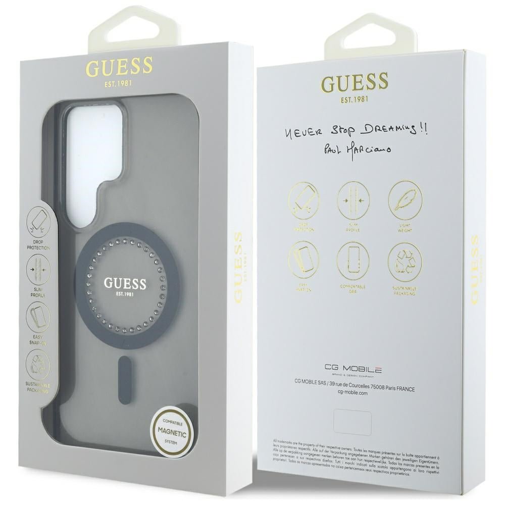 Guess Samsung Galaxy S25 Ultra - Rhinestones Printed Classic Logo - MagSafe Σκληρή Θήκη με Πλαίσιο Σιλικόνης - Black - GUHMS25LPFTDTEK