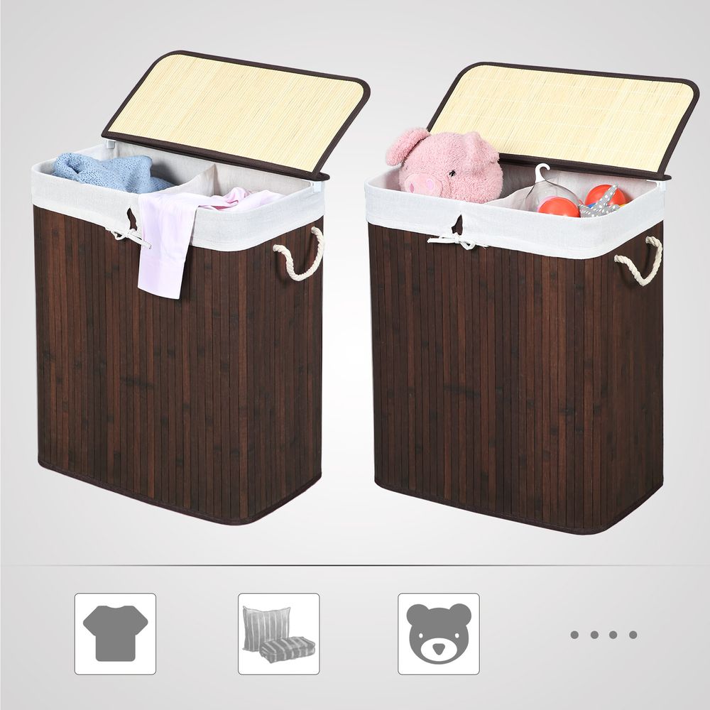 Songmics Καλάθι Απλύτων από Μπαμπού με 2 Εσωτερικά Διαμερίσματα -100L - Brown - LCB72Z