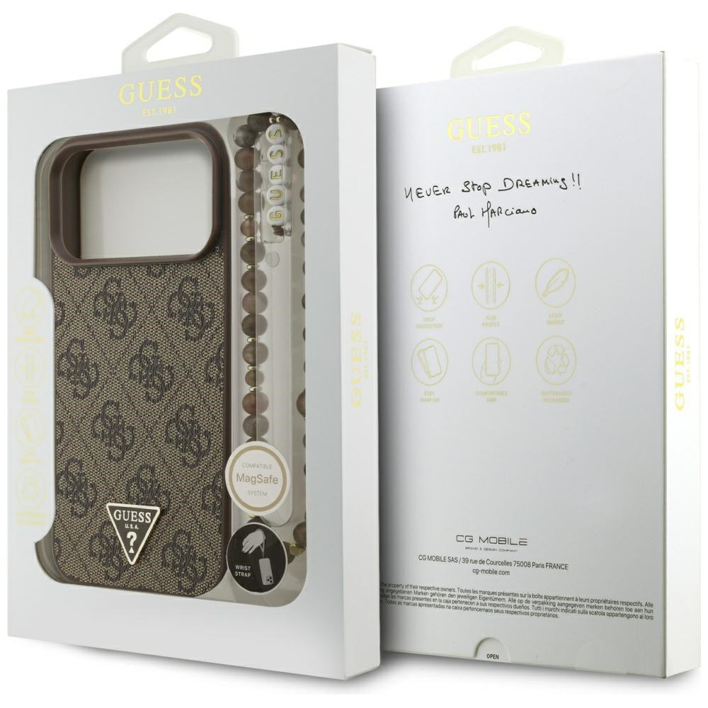 Guess iPhone 17 Pro Max - 4G Strap Triangle Logo MagSafe - Σκληρή Θήκη με Επένδυση Συνθετικού Δέρματος και Λουράκι - Brown - GUHMP17XP4TSDPPSW