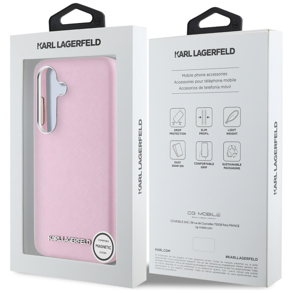 Karl Lagerfeld Samsung Galaxy S25 Plus - Saffiano Full Wrapped Elongated Metal Logo - MagSafe Σκληρή Θήκη με Επένδυση Συνθετικού Δέρματος και Πλαίσιο Σιλικόνης - Pink - KLHMS25MPSAFWMCP