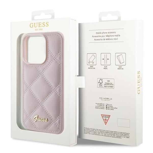 Guess iPhone 15 Pro Max - Quilted Metal Logo Θήκη με Επένδυση Συνθετικού Δέρματος - Pink - GUHCP15XPSQSQSP