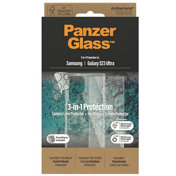 PanzerGlass Samsung Galaxy S23 Ultra - Σετ με 1 Αντιχαρακτικό Γυαλί Οθόνης Ultra-Wide Fit, 1 Αντιχαρακτικό Γυαλί για την Κάμερα και 1 Σκληρή Θήκη - Διάφανο