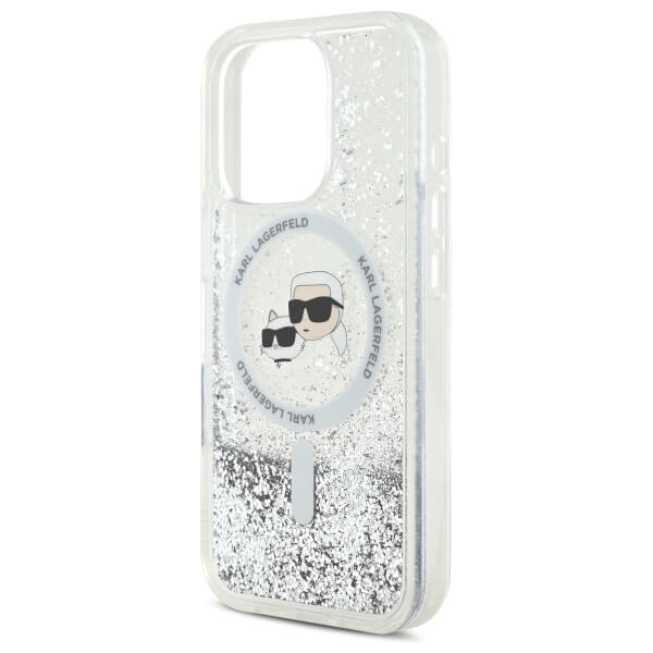 Karl Lagerfeld iPhone 16 Pro Max - Liquid Glitter Karl and Choupette Head - MagSafe Σκληρή Θήκη με Πλαίσιο Σιλικόνης - Διάφανη - KLHMP16XLGKCSGH