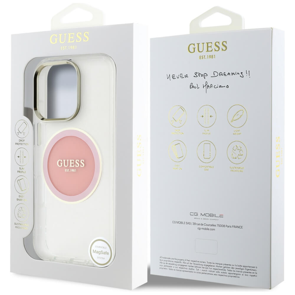 Guess iPhone 16 Pro Max IML Metal Colored Circle Classic Logo MagSafe Σκληρή Θήκη με Πλαίσιο Σιλικόνης και MagSafe - Pink - GUHMP16XHTDRCEDP