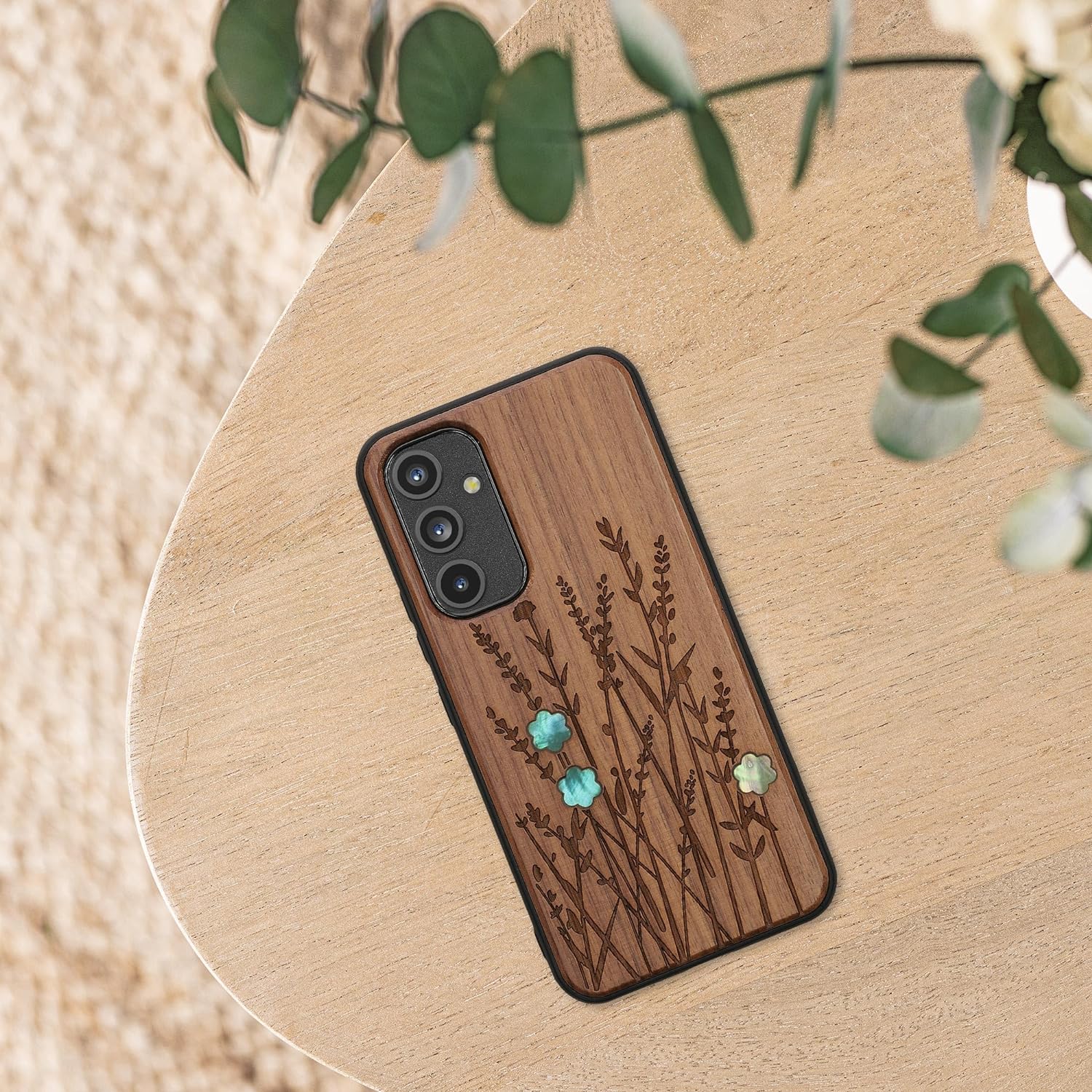 KW Samsung Galaxy A54 5G Θήκη από Φυσικό Ξύλο - Design Wild Flowers Pearl - Dark Brown - 60799.09