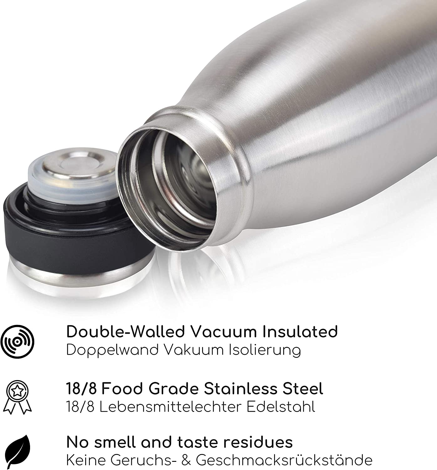 Milu T5 Stainless Steel Μπουκάλι Θερμός από Ανοξείδωτο Ατσάλι για Ζεστά και Κρύα Ροφήματα - 1000ml - Silver - 6499