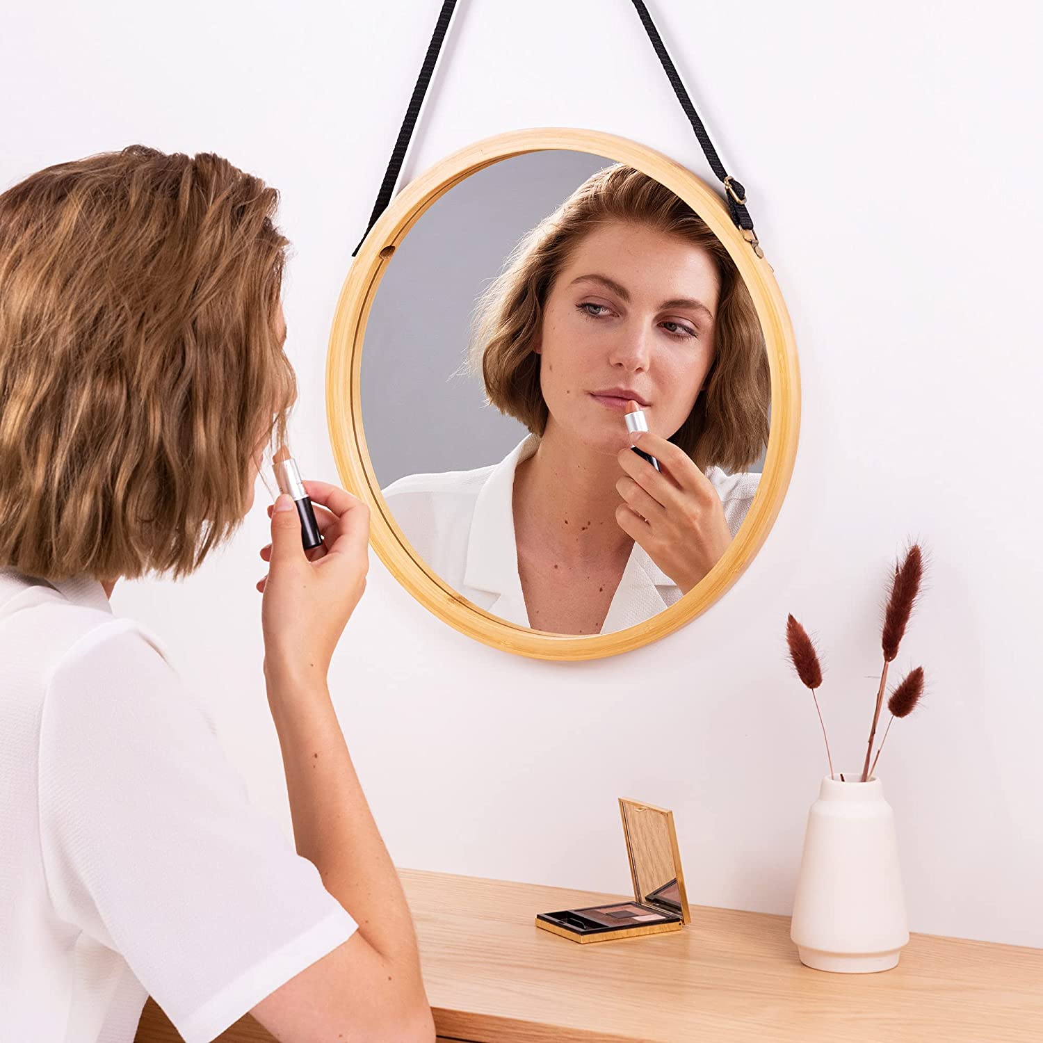 Navaris Στρόγγυλος Κρεμαστός Καθρέπτης Τοίχου από Μπαμπού - 38 cm - Light Brown / Black - 50259.3