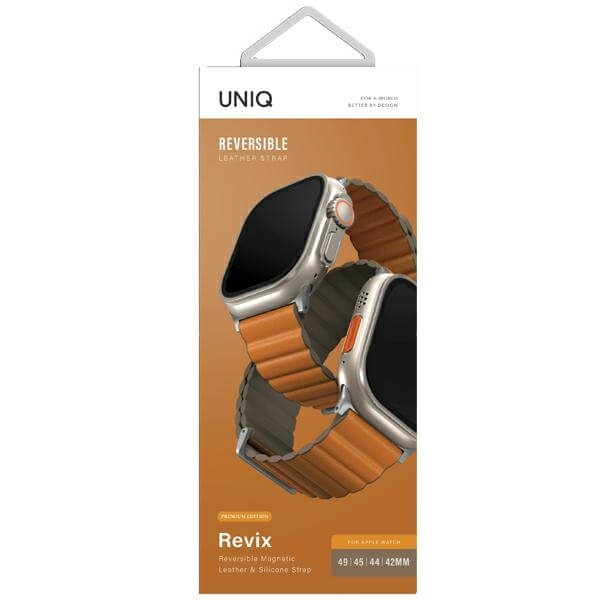 Uniq Λουράκι Apple Watch 2 / 3 / 4 / 5 / 6 / 7 / 8 / 9 / SE / ULTRA / Ultra 2 - 42 / 44 / 45 / 49 mm Revix Premium Μαγνητικό Σιλικόνης Διπλής Όψης - Orange / Khaki