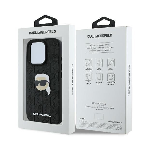 Karl Lagerfeld iPhone 16 Pro - Monogram Karl Head Pin Σκληρή Θήκη με Επένδυση Συνθετικού Δέρματος - Black - KLHCP16LPGKLKIPK