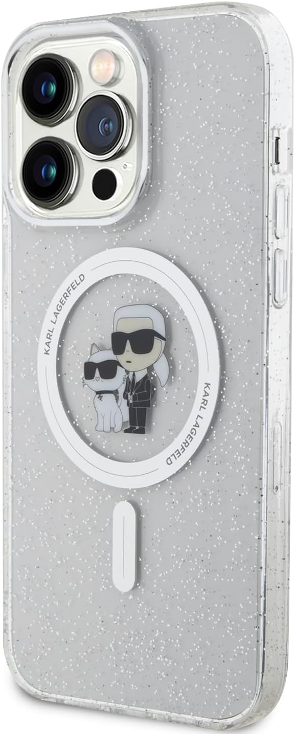 Karl Lagerfeld iPhone 15 Pro Max - Karl and Choupette Glitter Magsafe Σκληρή Θήκη με Πλαίσιο Σιλικόνης και MagSafe - Διάφανη - KLHMP15XHGKCNOT
