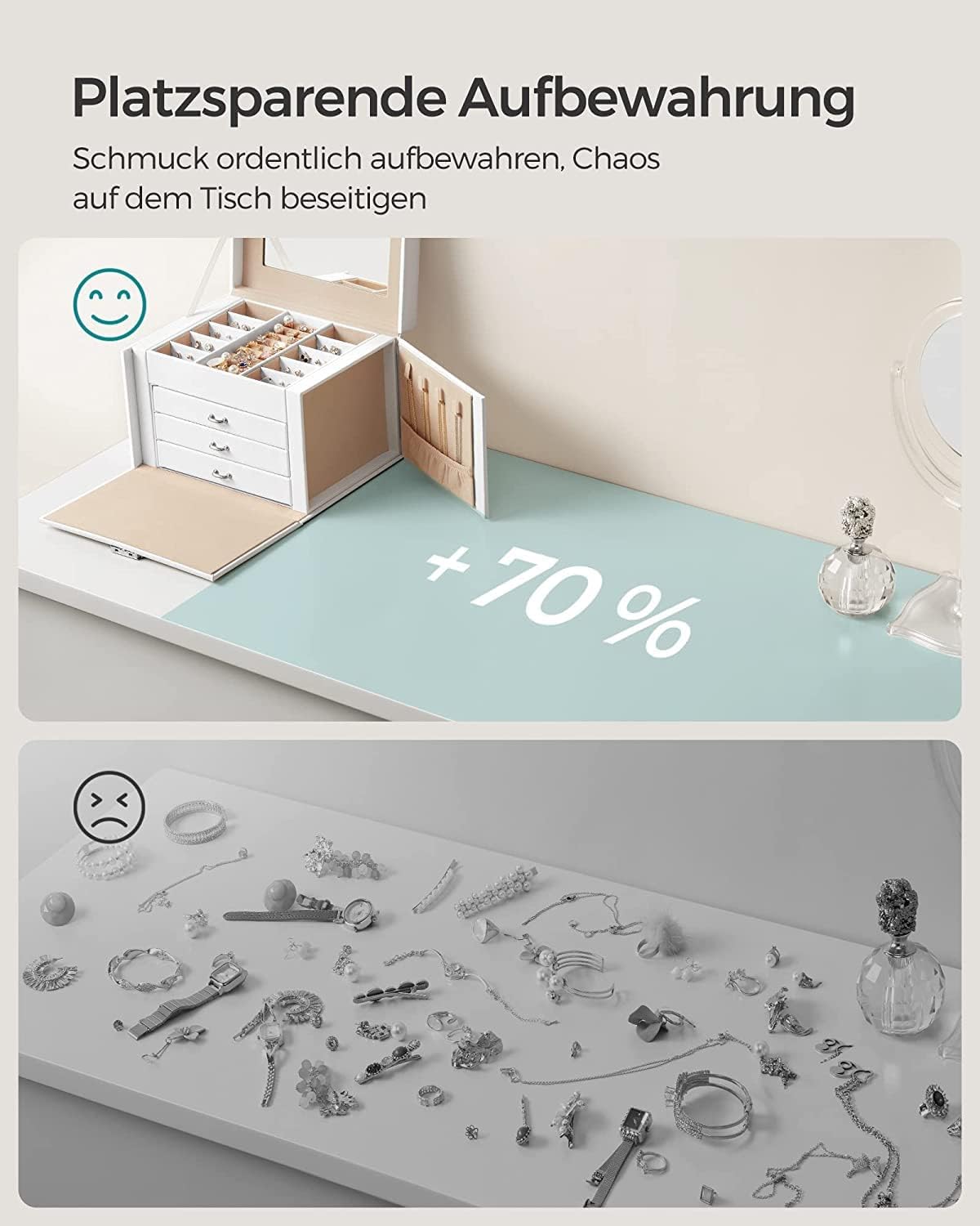 Songmics Φορητό Κουτί Αποθήκευσης Κοσμημάτων 4 Επιπέδων με Καθρέπτη και Κλειδαριά - White - JBC159W01