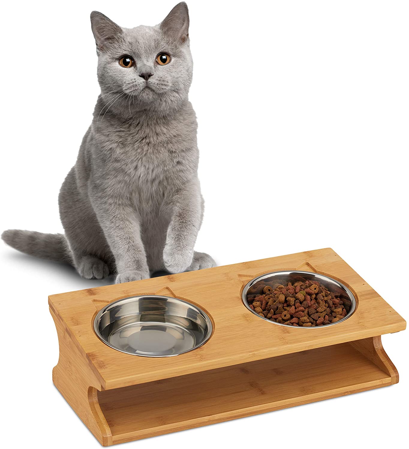 Relaxdays Ξύλινη Βάση από Μπαμπού με 2 Μπολ από Ανοξείδωτο Ατσάλι για Κατοικίδια - 300 ml - Natural - 4052025288600