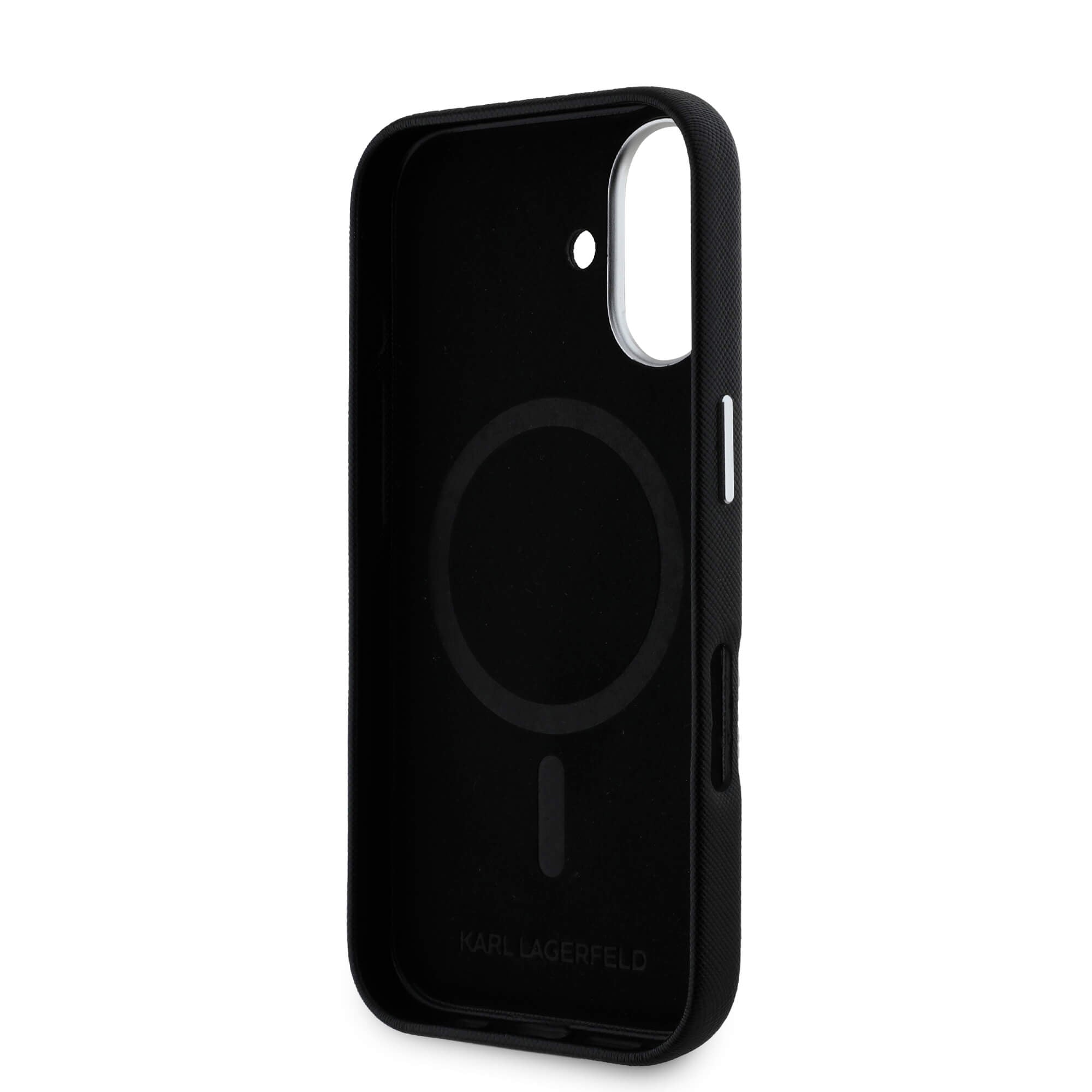 Karl Lagerfeld iPhone 16 - Saffiano Full Wrapped Elongated Metal Logo - MagSafe Σκληρή Θήκη με Επένδυση Συνθετικού Δέρματος και Πλαίσιο Σιλικόνης - Black - KLHMP16SPSAFWMCK