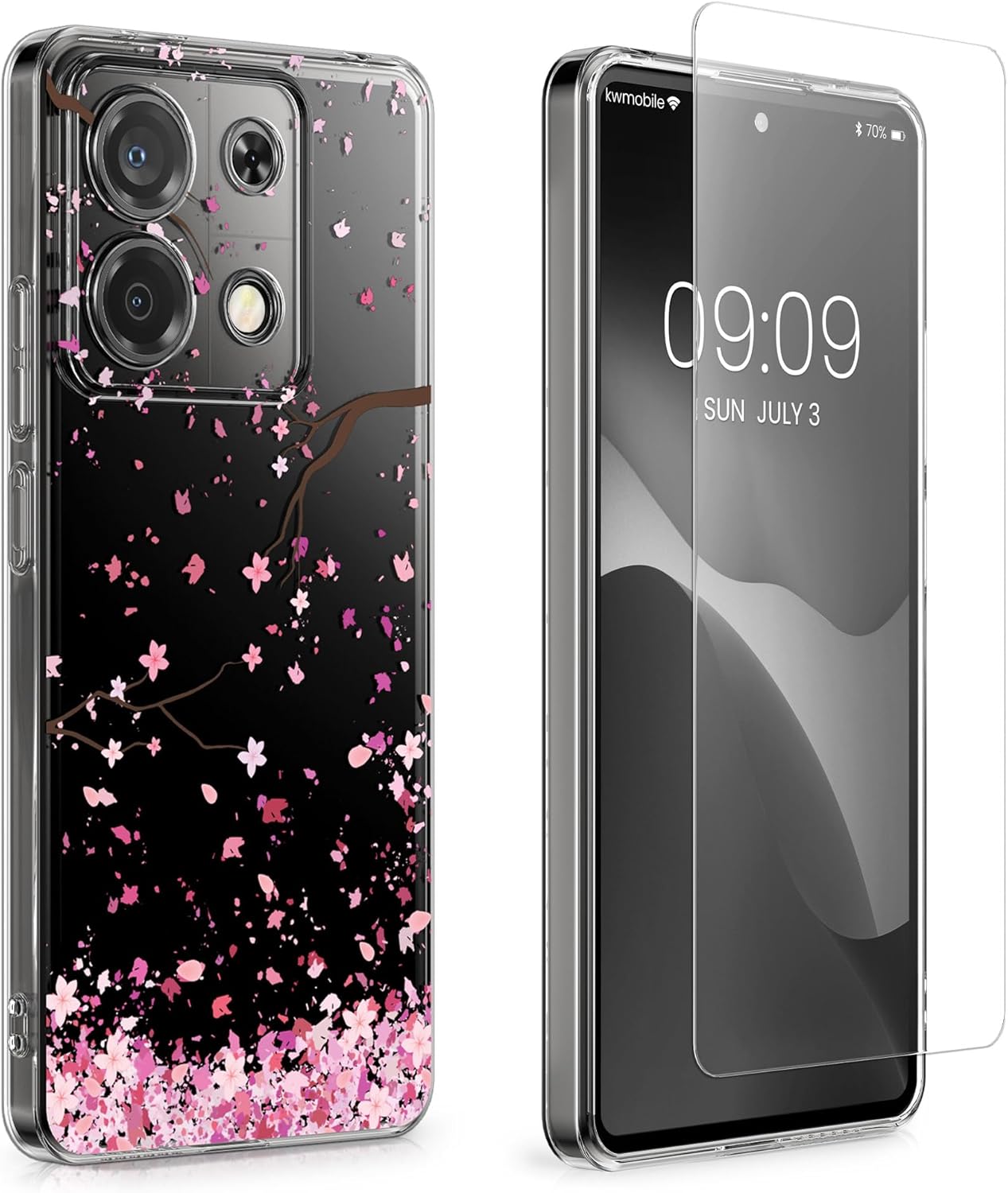 KW Xiaomi Redmi Note 13 Pro 5G / Poco X6 5G Θήκη Σιλικόνης TPU με Αντιχαρακτικό Γυαλί - Design Cherry Blossoms Petals - Pink / Dark Brown / Διάφανη