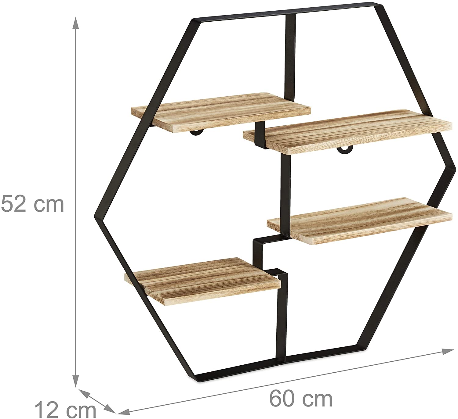 Relaxdays Διακοσμητικό Ράφι Τοίχου με 4 Διαμερίσματα σε Σχήμα Εξαγώνου - 52 x 60 x 12 cm - Natural - 4052025289294