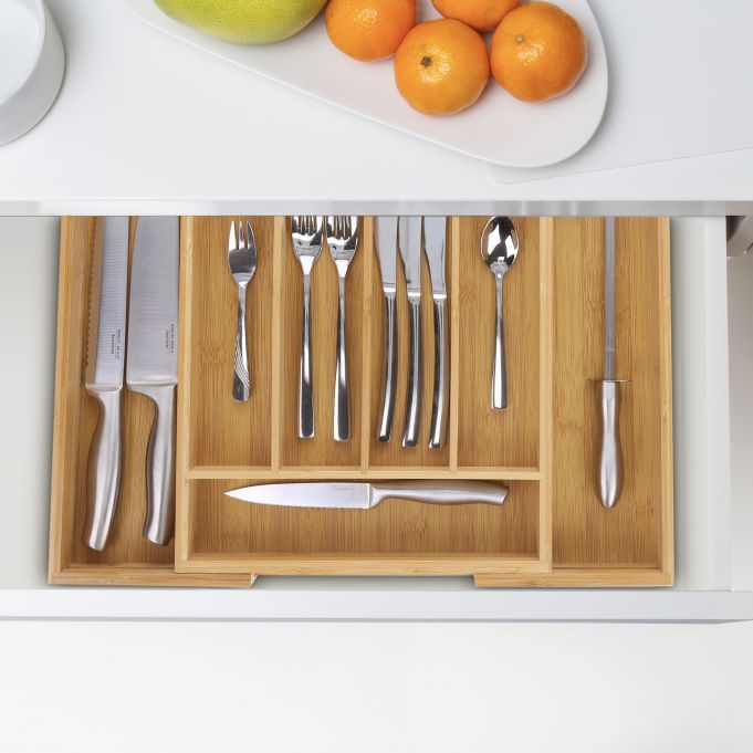 Relaxdays Ρυθμιζόμενη Ξύλινη Θήκη Συρταριού για Μαχαιροπίρουνα - Natural - 4052025160982