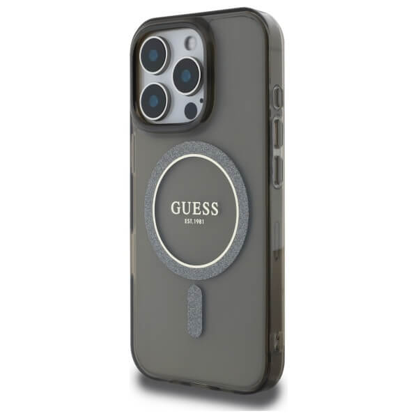 Guess iPhone 16 Pro Max - IML Glitter Circle - MagSafe Σκληρή Θήκη με Πλαίσιο Σιλικόνης - Black - GUHMP16XHFGEREK
