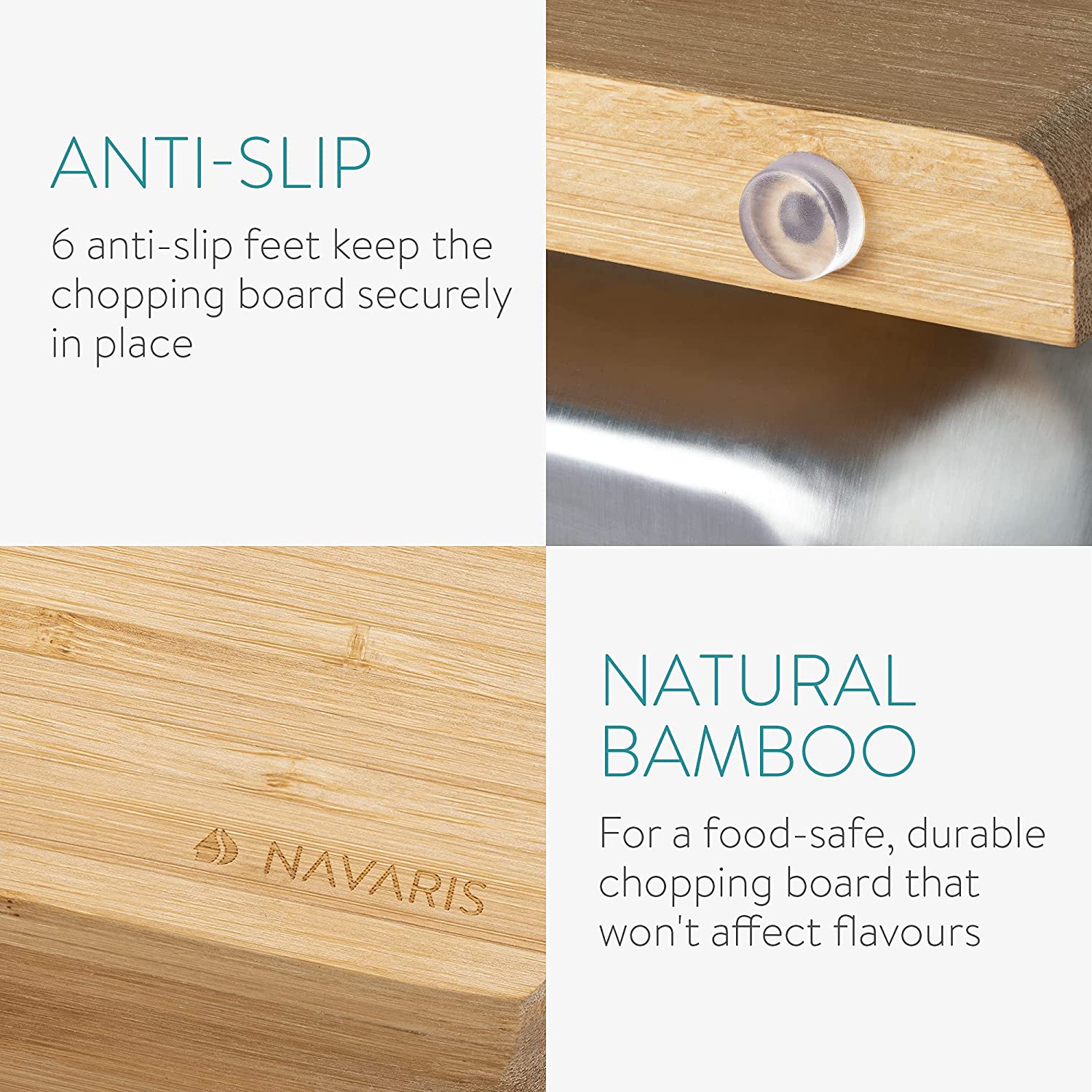 Navaris XL Bamboo Chopping Board with Crumb Tray Σανίδα Κοπής από Μπαμπού με 2 Δοχεία - Light Brown / Silver - 47368.03