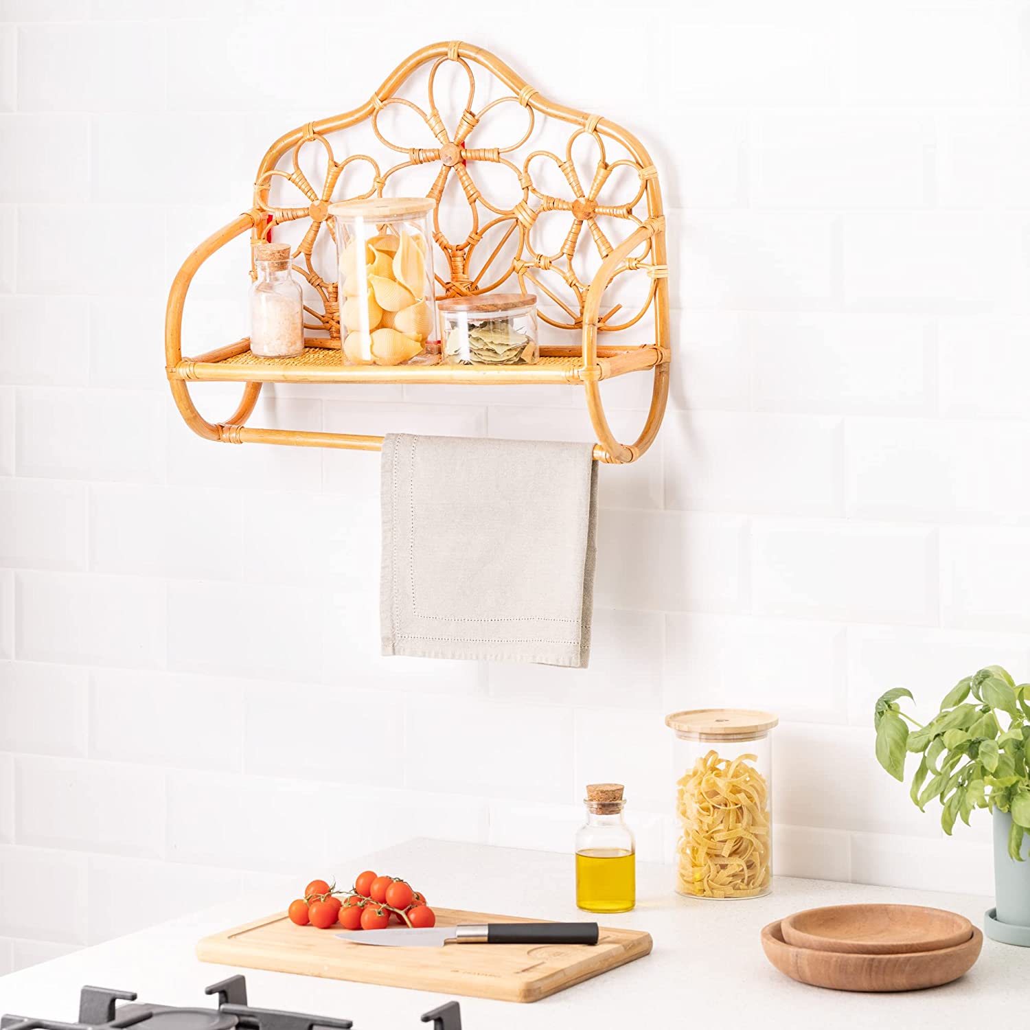 Navaris Επιτοίχια Rattan Βάση Στήριξης για Πετσέτα με Ράφι - 50 x 36 x 17 cm - Light Brown / Natural - 56511.02