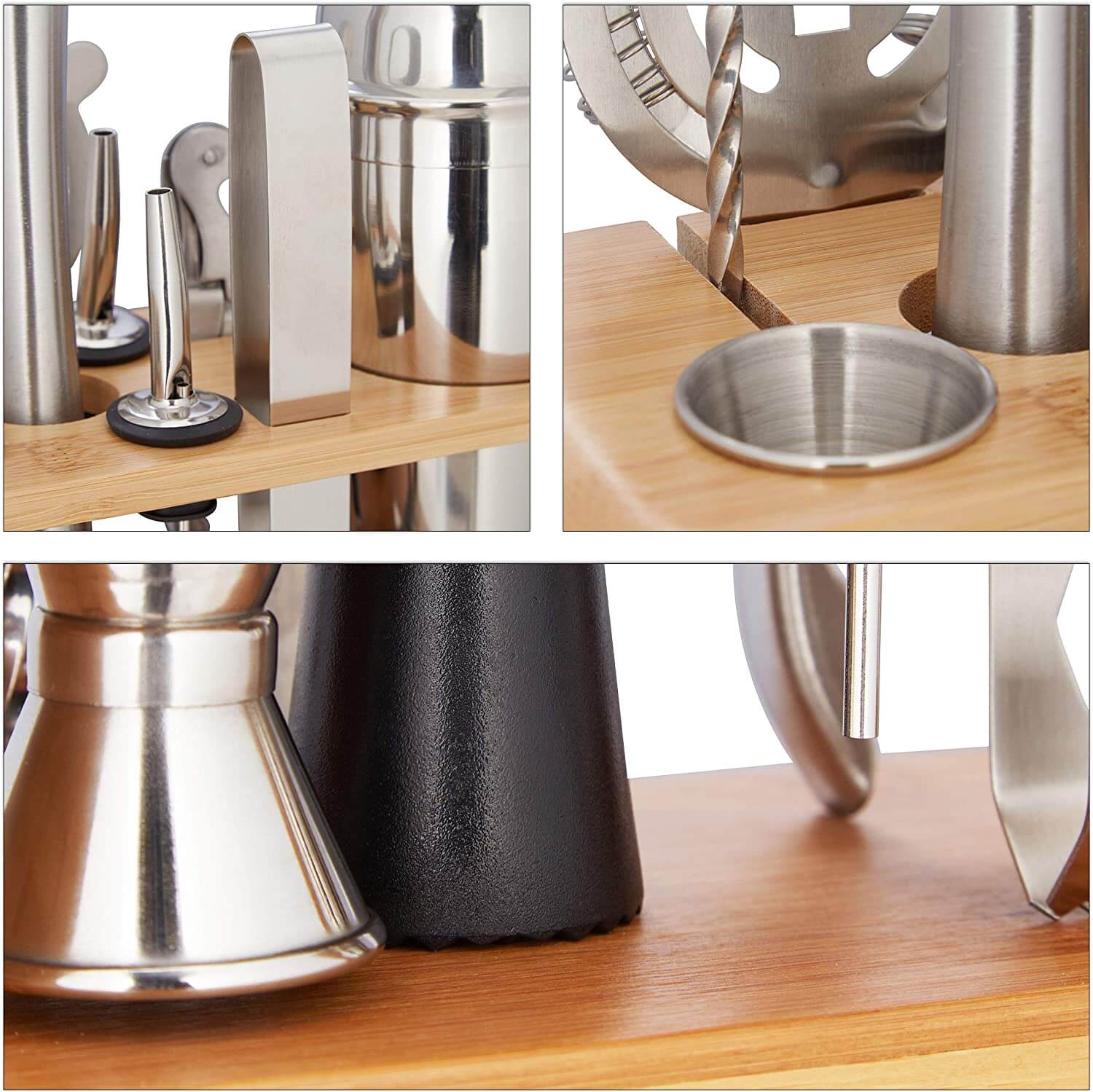 Relaxdays Σετ Κοκτέιλ 9 Τεμαχίων από Ανοξείδωτο Ατσάλι με Βάση από Μπαμπού - Silver / Natural - 4052025259488