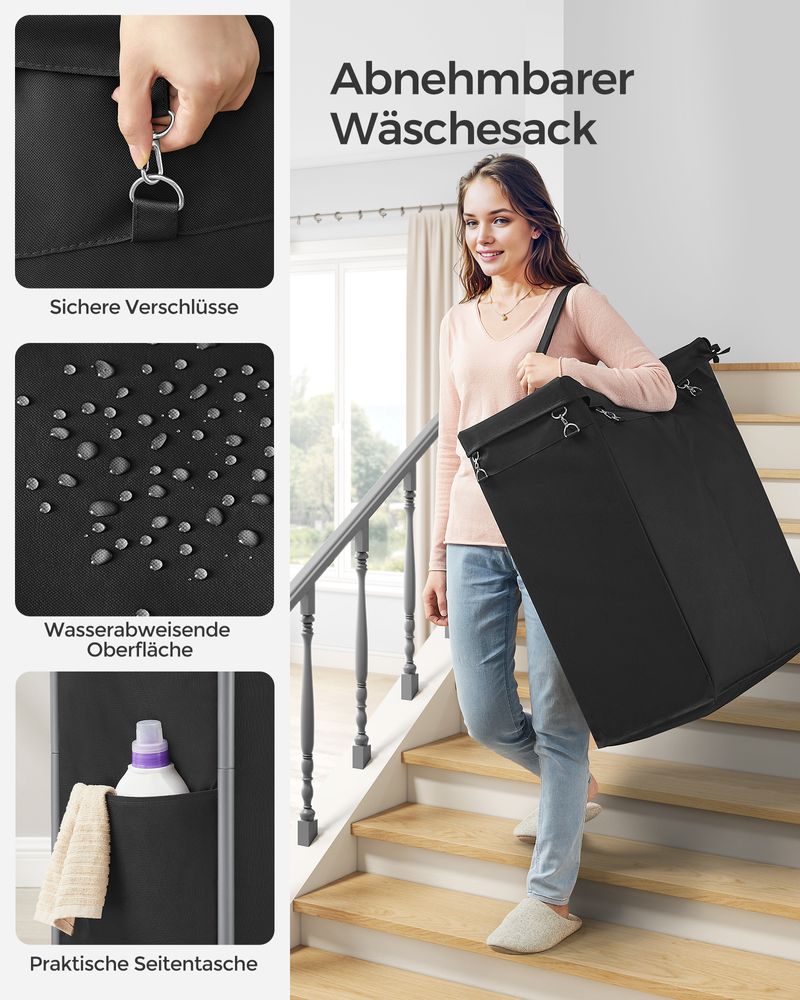 Songmics Τροχήλατο Καλάθι Απλύτων με 2 Χωρίσματα - 140L - Ink Black - RLS004B01