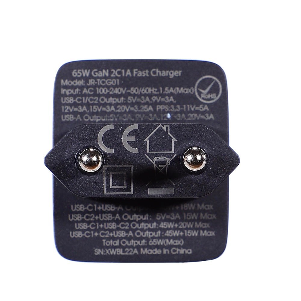 JOYROOM JR - TCG01 GAN 65W Οικιακός Φορτιστής Γρήγορης Φόρτισης με 2 Θύρες Type - C και 1 Θύρα USB και Καλώδιο Type - C to Type - C 100W - Black