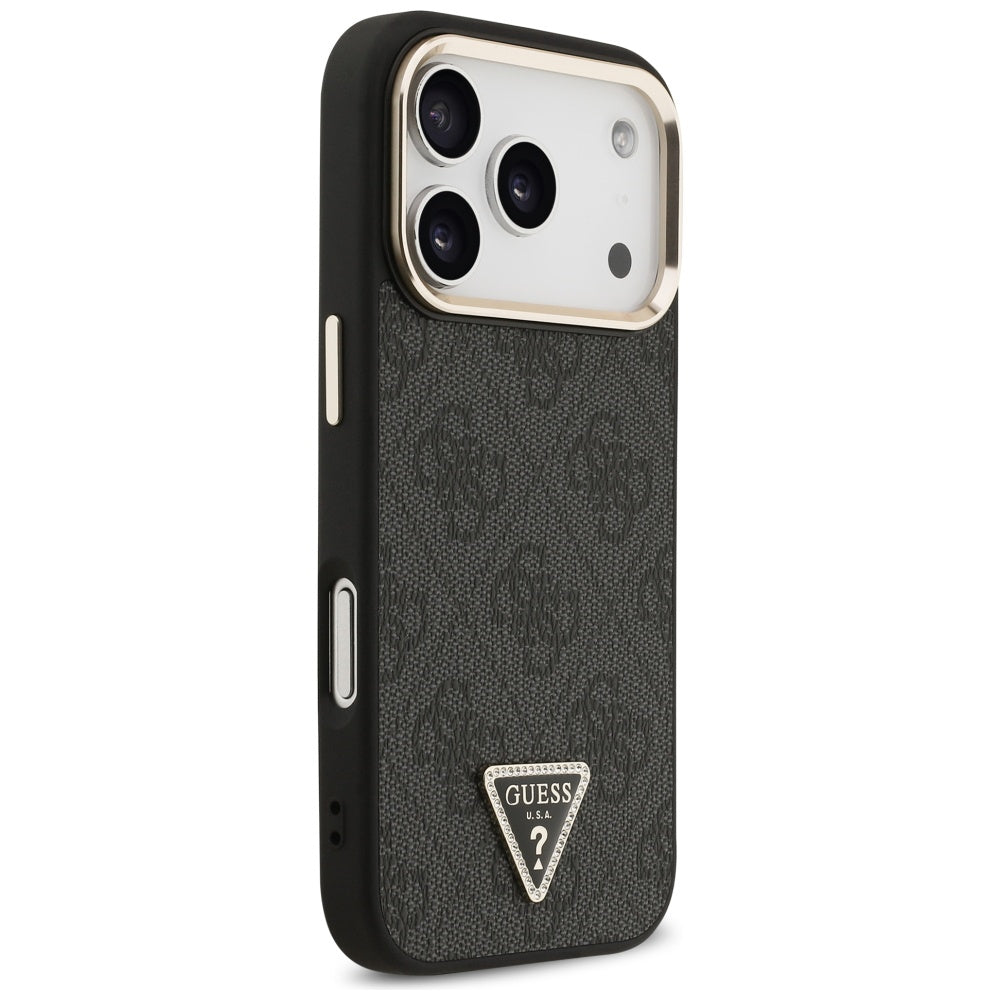 Guess iPhone 17 Pro - 4G Triangle Strass Logo MagSafe - Σκληρή Θήκη με Επένδυση Συνθετικού Δέρματος - Black / Gold - GUHMP17LP4GTDGMK