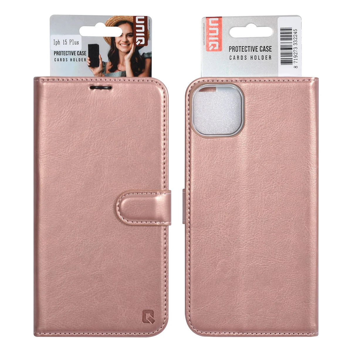 Tuniq iPhone 15 Plus / 14 Plus - Θήκη Πορτοφόλι Stand από Δερματίνη - Rose Gold