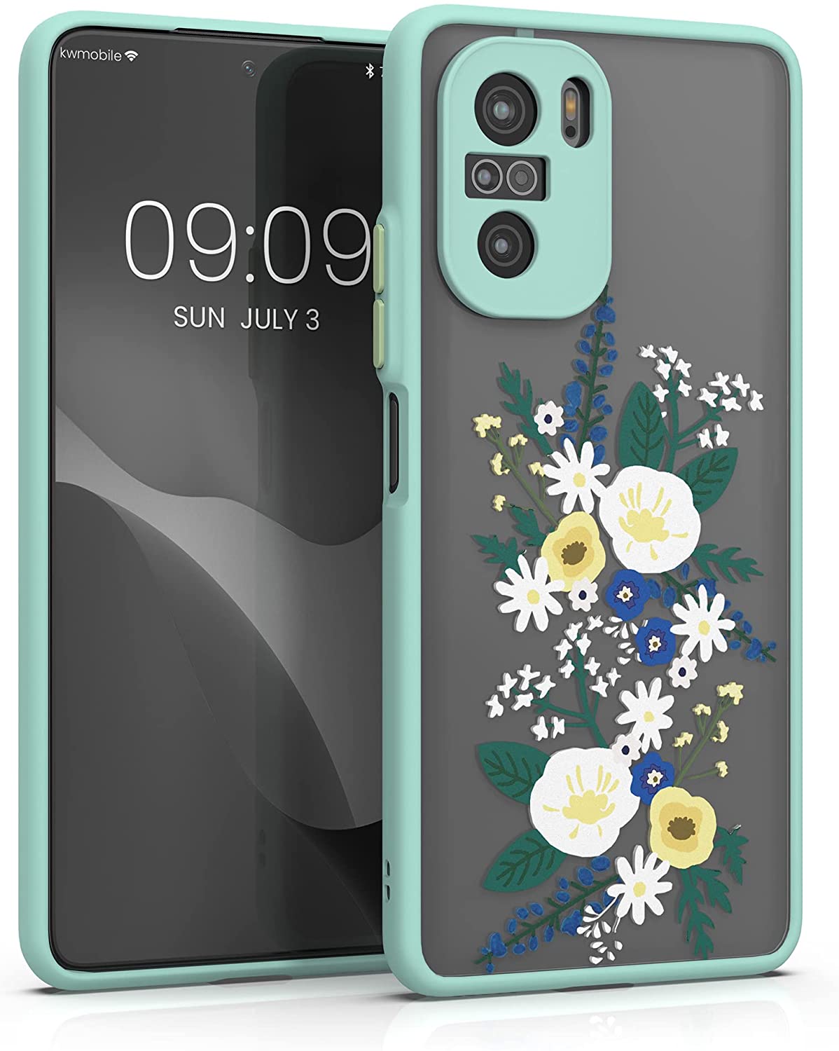 KW Xiaomi Poco F3 / Mi 11i Σκληρή Θήκη με Πλαίσιο Σιλικόνης - Design Spring Flowers - Mint / Yellow - Matte Ημιδιάφανη - 56441.01
