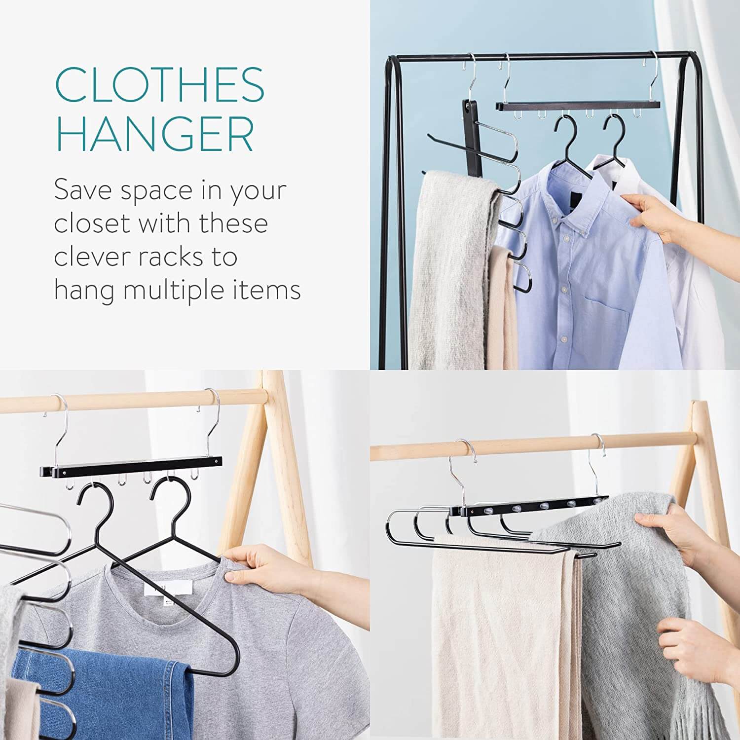 Navaris Σετ με 2 Πολυλειτουργικές Κρεμάστρες Ρούχων 6 Θέσεων και 2 Κρεμάστρες Παντελονιών - Black - 56081.01.01