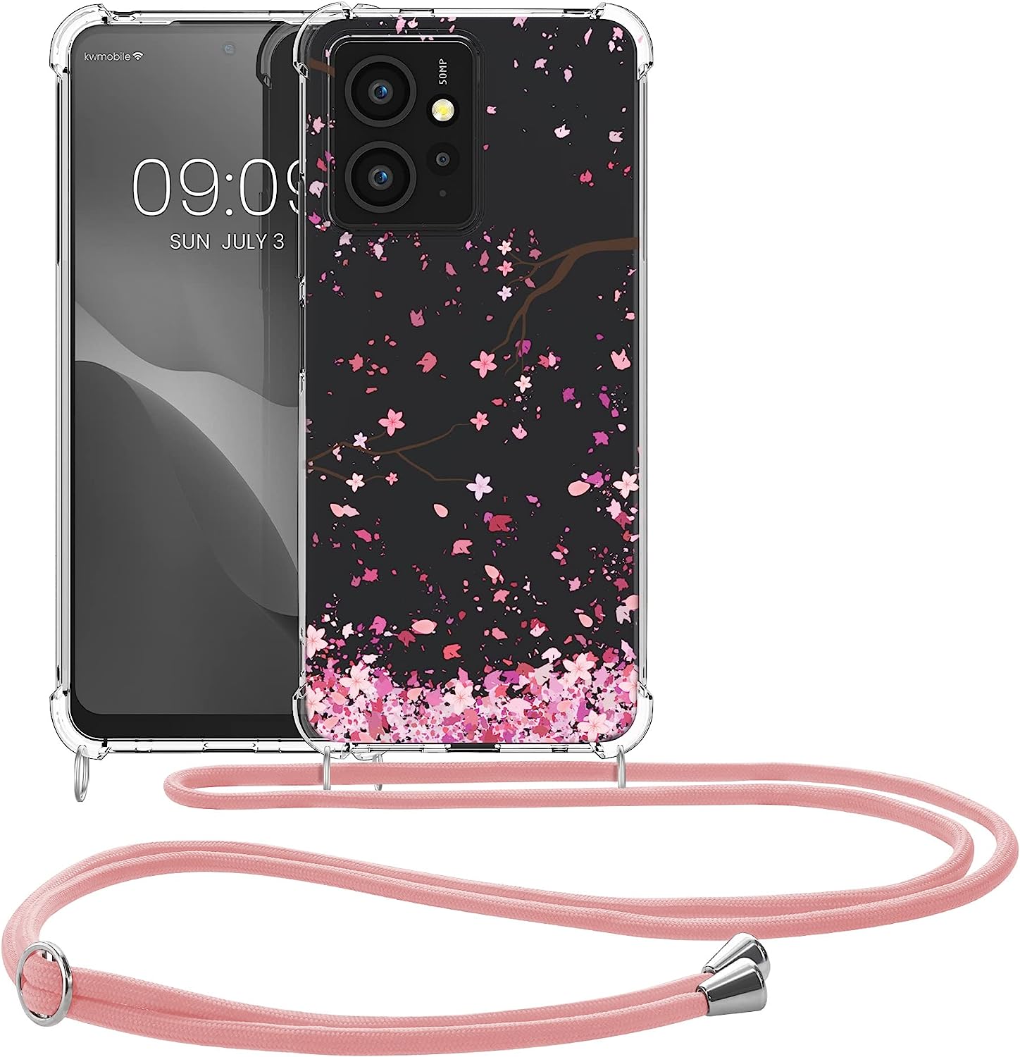 KW Xiaomi Redmi Note 12 4G Θήκη Σιλικόνης TPU με Λουράκι Design Cherry Petals - Pink / Dark Brown / Διάφανη - 61174.01