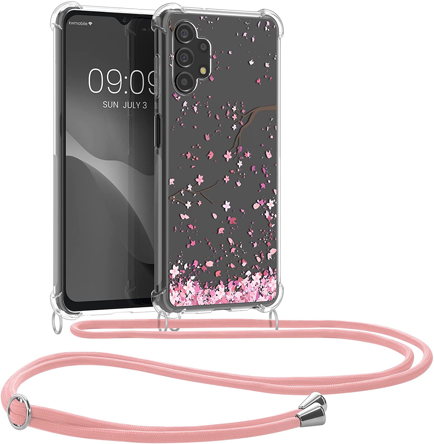 KW Samsung Galaxy A13 4G Θήκη Σιλικόνης TPU με Λουράκι Design Cherry Blossoms - Pink / Dark Brown - Διάφανη - 58232.03