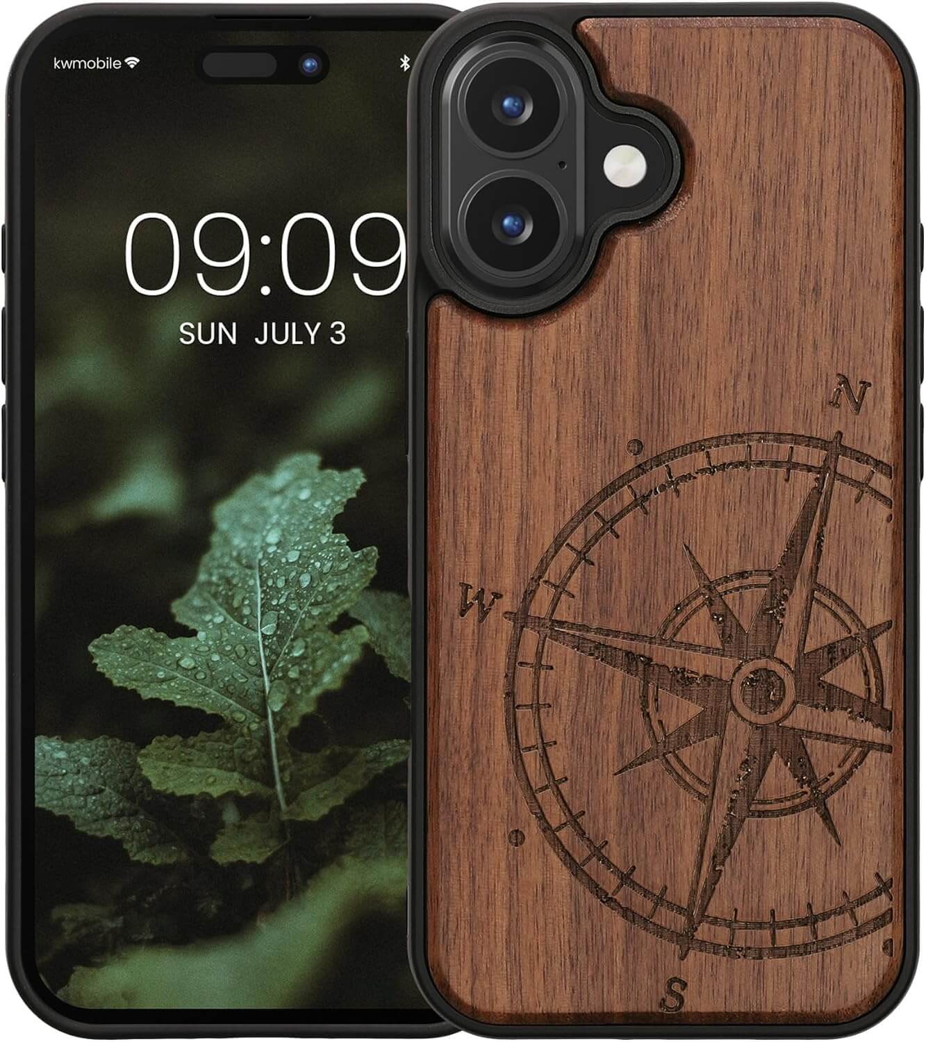 KW iPhone 16 Θήκη από Φυσικό Ξύλο - Design Vintage Compass - Dark Brown