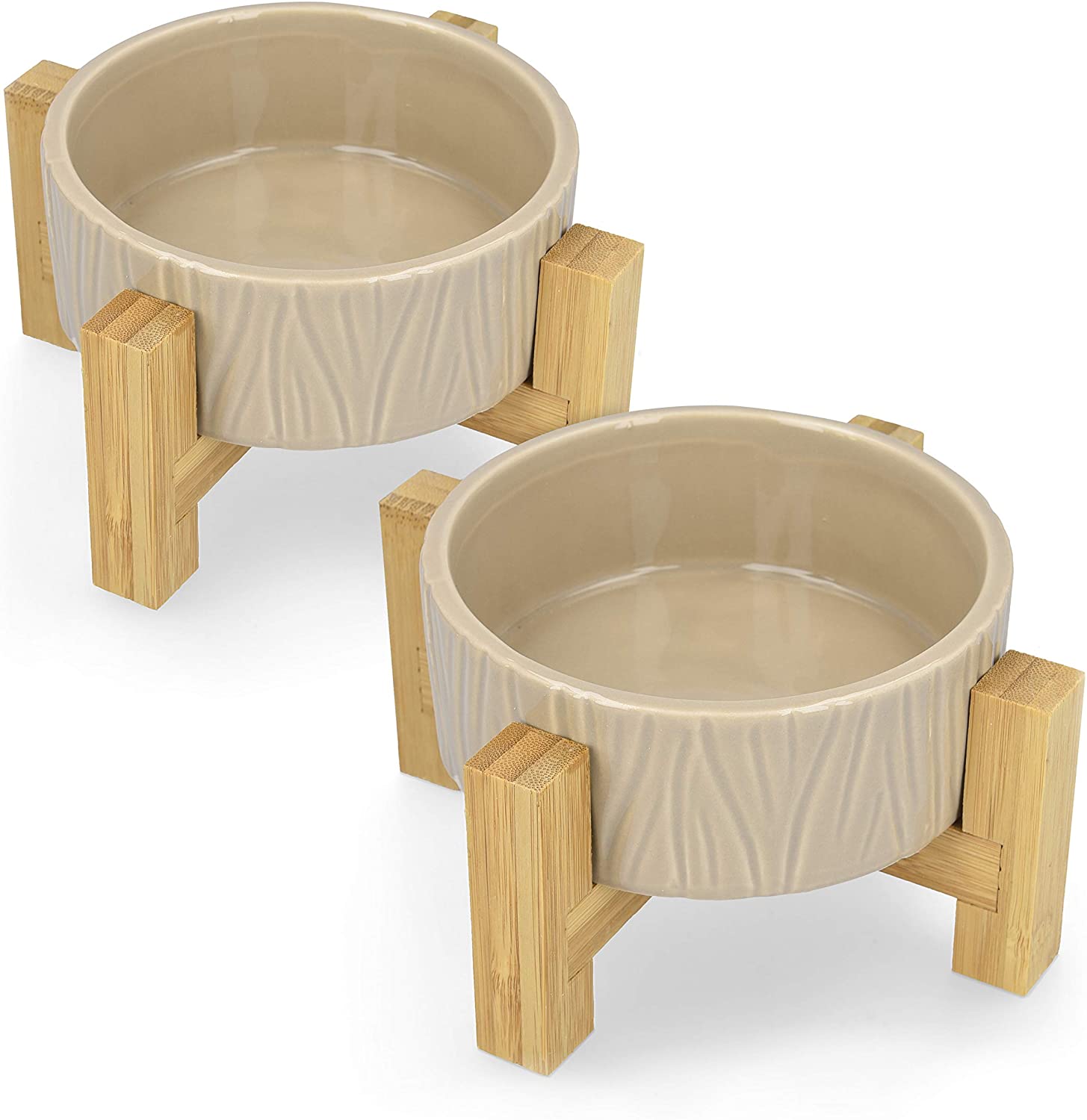 Navaris Cat Bowls with Wood Stands - Σετ με 2 Μπολ Φαγητού και Νερού με Βάση από Μπαμπού για Κατοικίδια - Beige - 52177.43.1