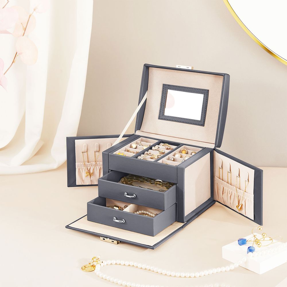 Songmics Φορητό Κουτί Αποθήκευσης Κοσμημάτων με Καθρέπτη και Κλειδαριά - Grey - JBC154G01