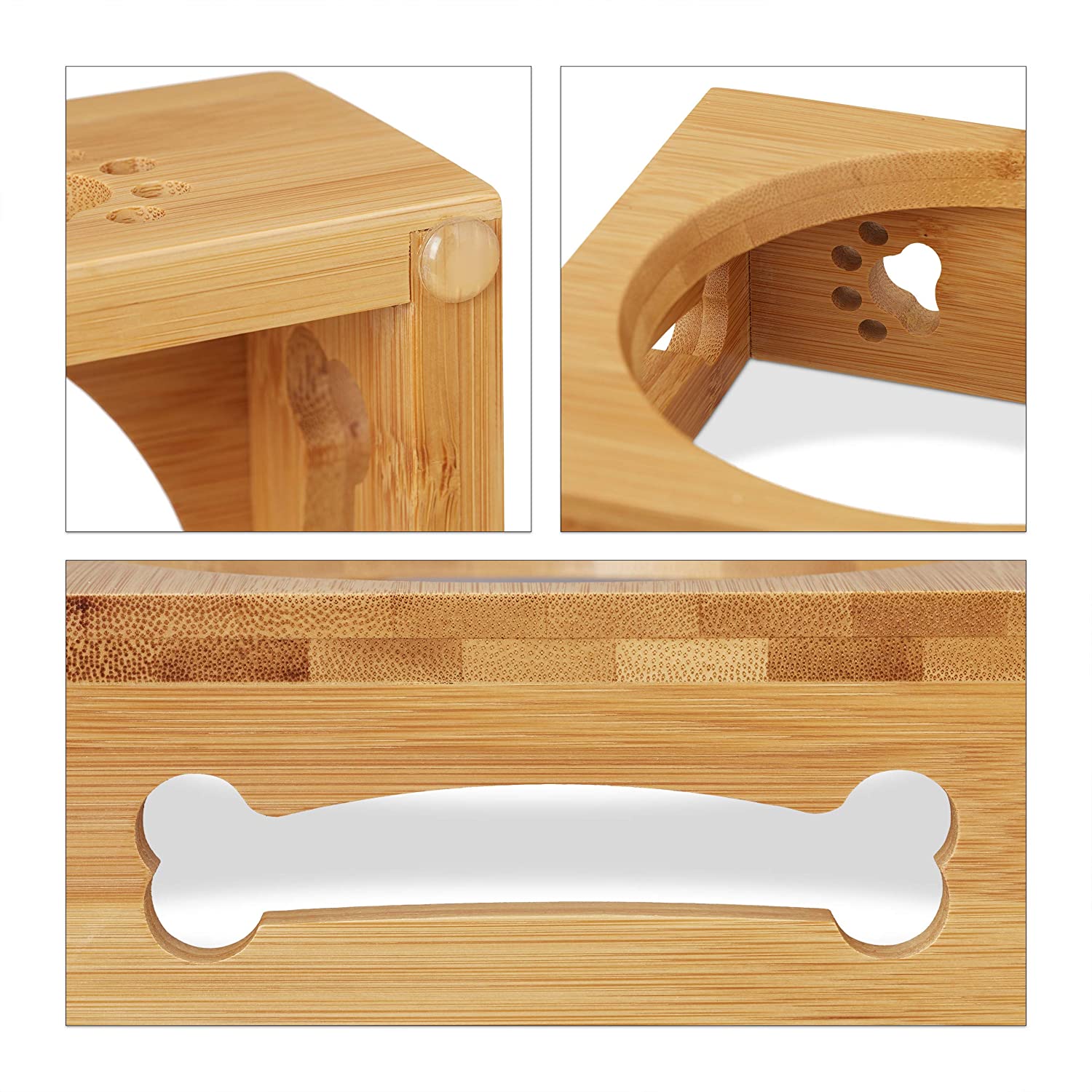 Relaxdays Ξύλινη Βάση από Μπαμπού με 2 Μπολ 300ml από Ανοξείδωτο Ατσάλι - Natural / Silver - 4052025288594