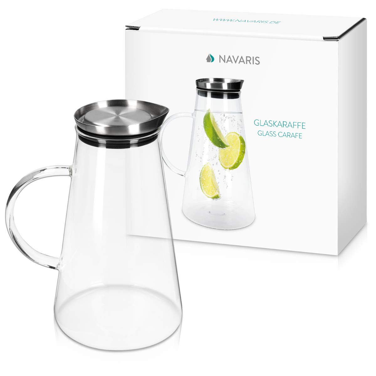 Navaris Glass Water Carafe with Lid Γυάλινη Κανάτα Νερού - 1.6L - Clear - 46894.01