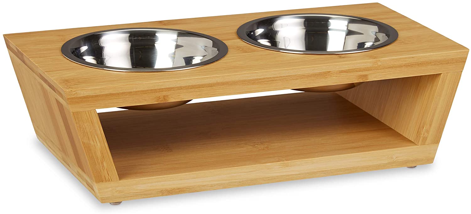 Relaxdays Σετ με 2 Μπολ από Ανοξείδωτο Ατσάλι σε Βάση από Μπαμπού για Κατοικίδια - 300 ml - Natural - 4052025227708