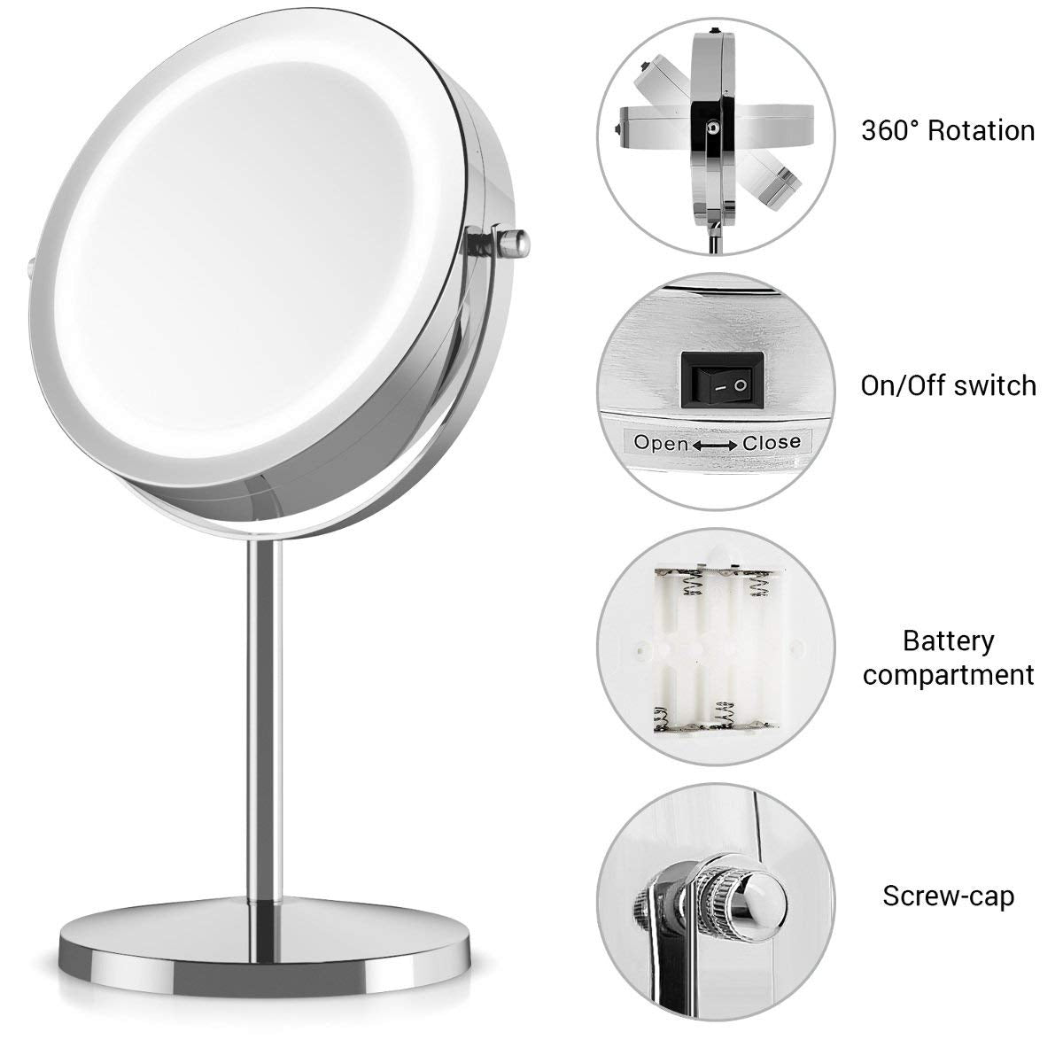 Navaris LED Illuminated Two-Sided Vanity Makeup Mirror - Περιστρεφόμενος Φωτιζόμενος Καθρέπτης LED - Silver - 41188