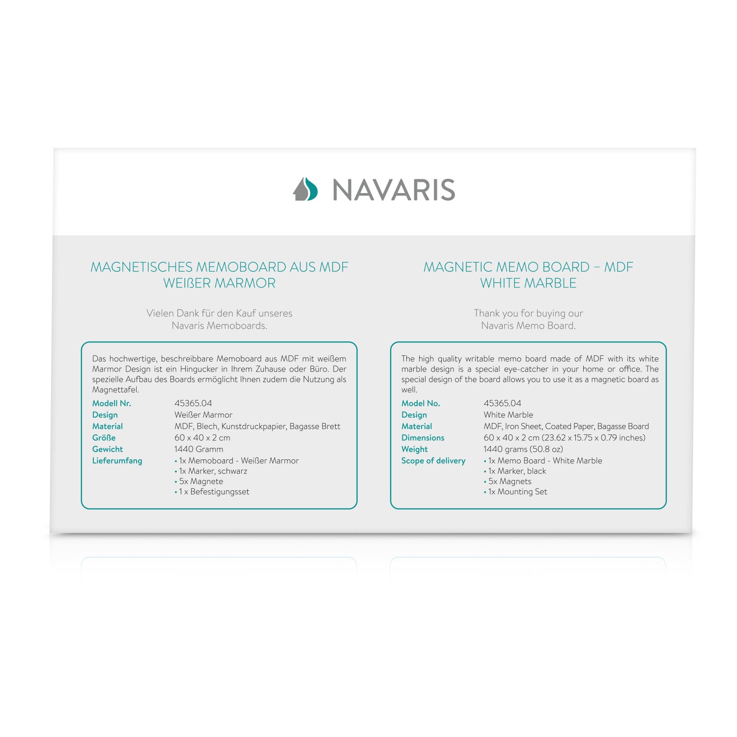 Navaris Μαγνητικός Πίνακας Ανακοινώσεων - 60 x 40 cm - White Marble - 45365.04